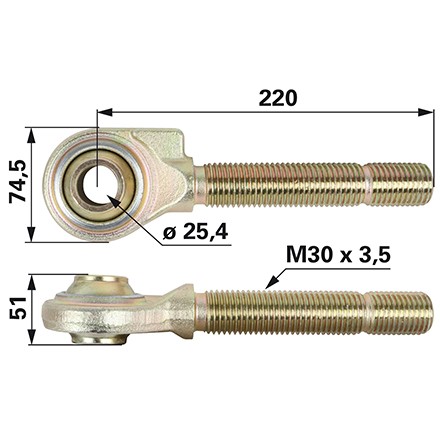 Kugelgelenkkopf für Stabilisator ASST-B M30x3,5mm L= 220mm d= 25,4mm B= 51mm