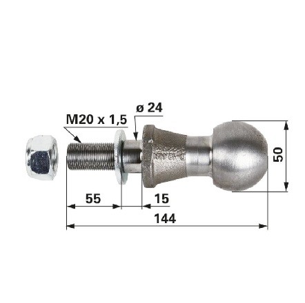 Kupplungskugel Dm 50 mm, M20 x 1,5, Länge 144 mm homologiert